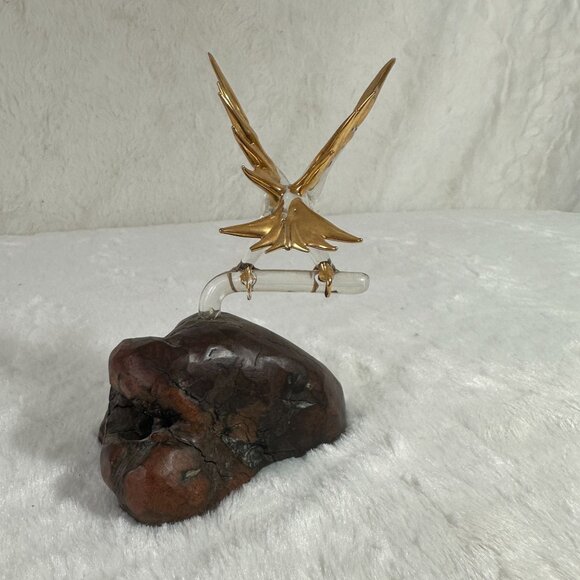 Vintage Glass Baron Bald Eagle Blown Art Statue Burl Wood Base 22 kt Gold tips - Picture 5 of 8